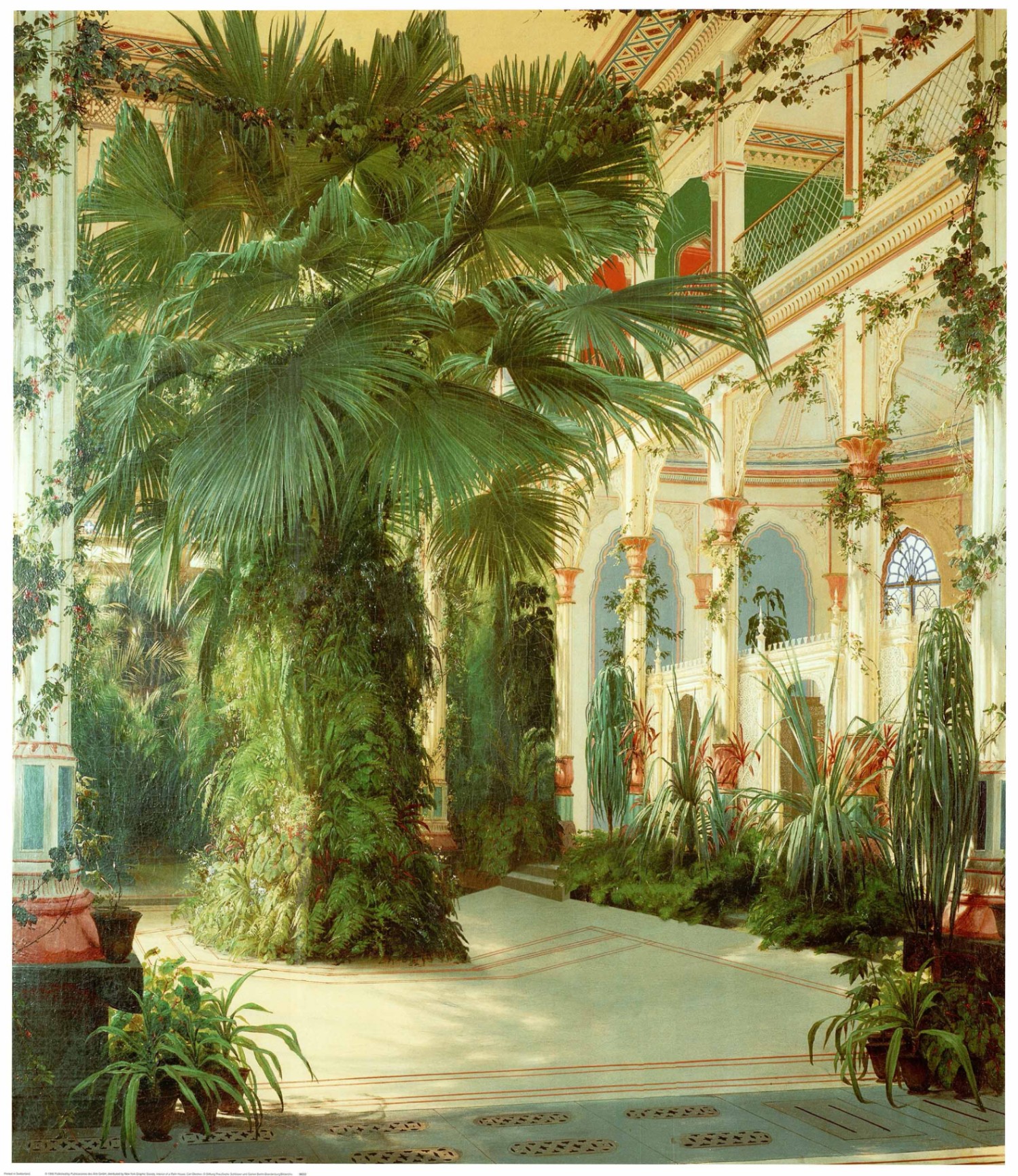 Interior with palm trees and ornate architecture